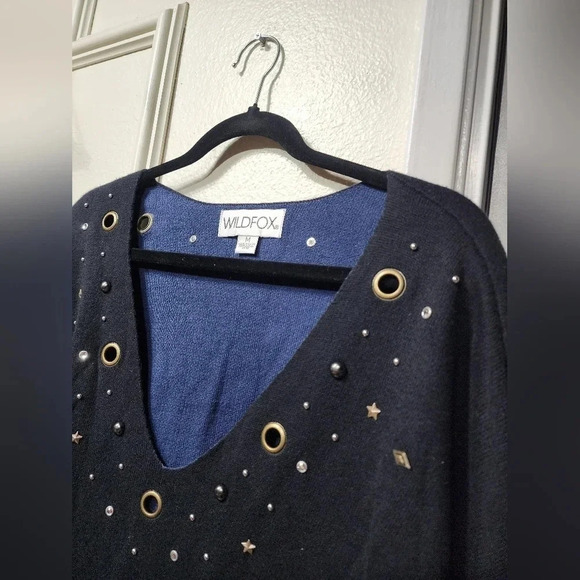 WILDFOX Navy Grommet Embellished Cropped Star Studded Sweater - Size Medium - Picture 2 of 8
